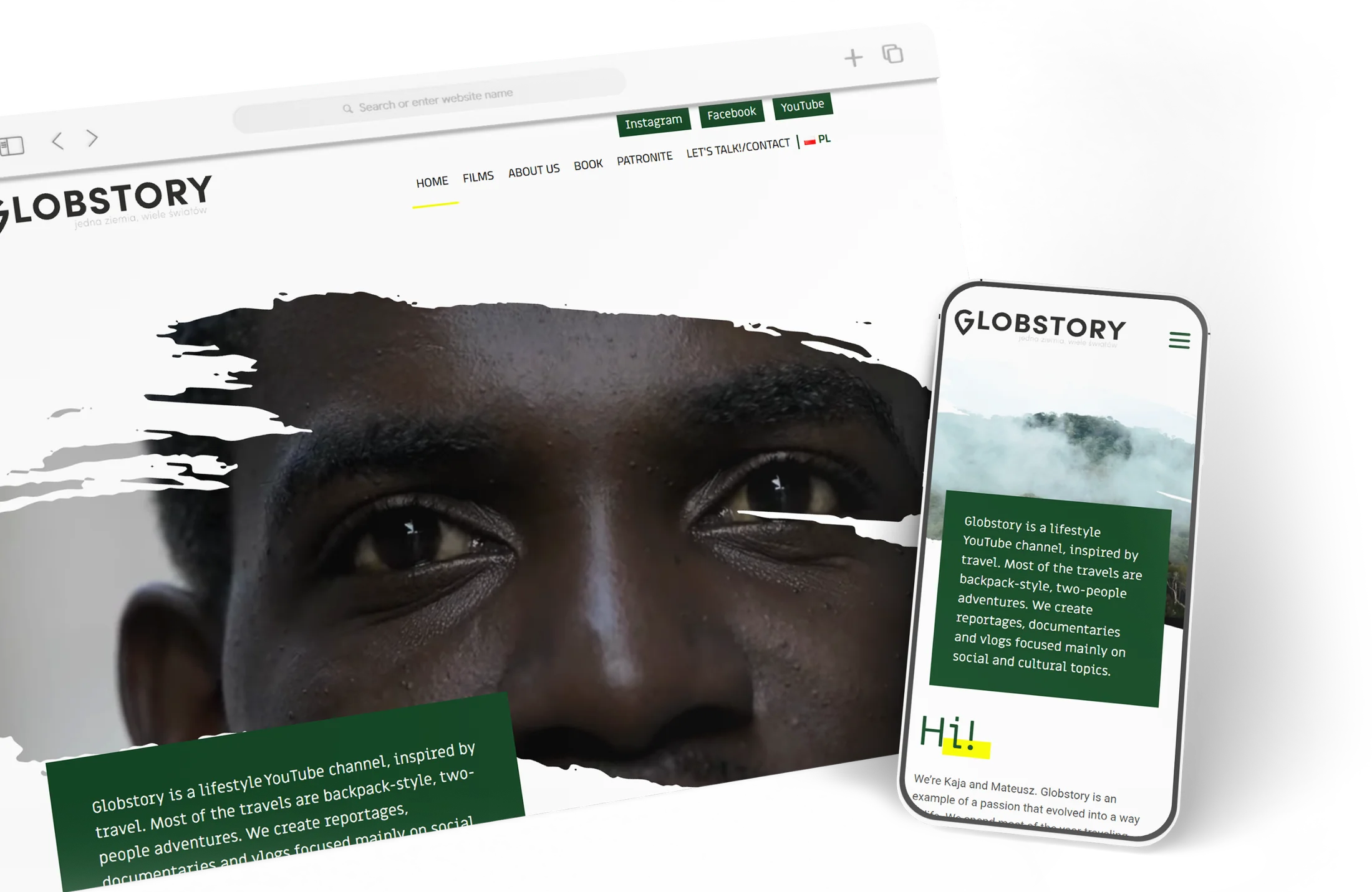 Globstory website shown on laptop and phone mockups