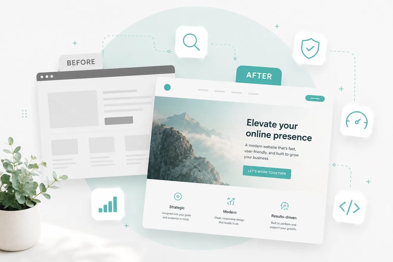 Before and after comparison of a website redesign, from cluttered to clean