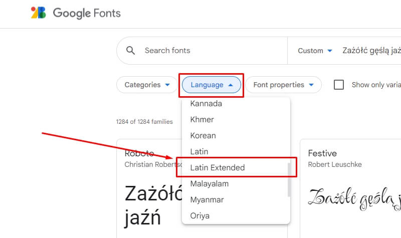 google fonts cziconka z polskimi znakami